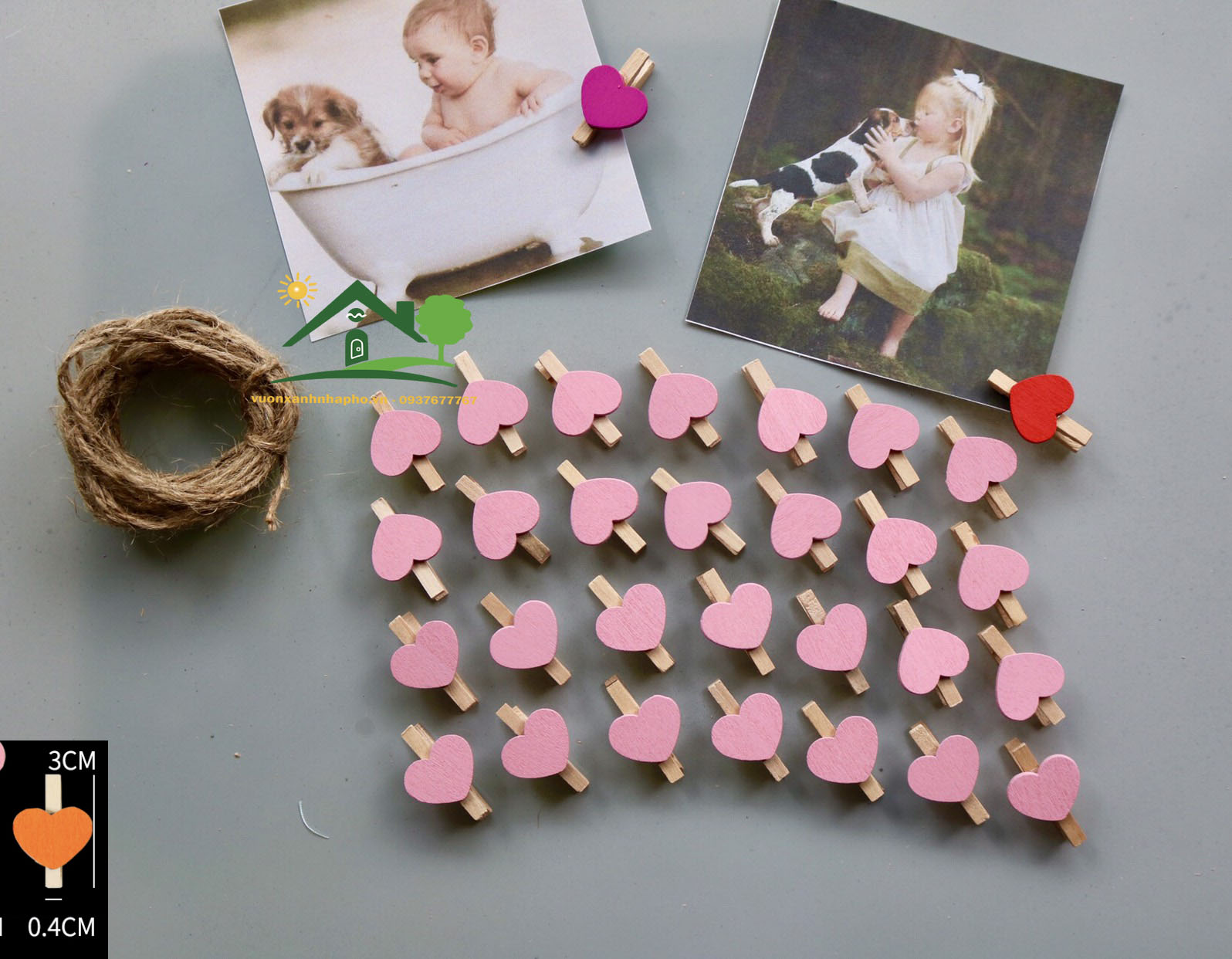 [HCM]Bộ 50 kẹp gỗ trái tim màu treo hình ảnh tặng 5 mét dây thường size 3x0.4cm