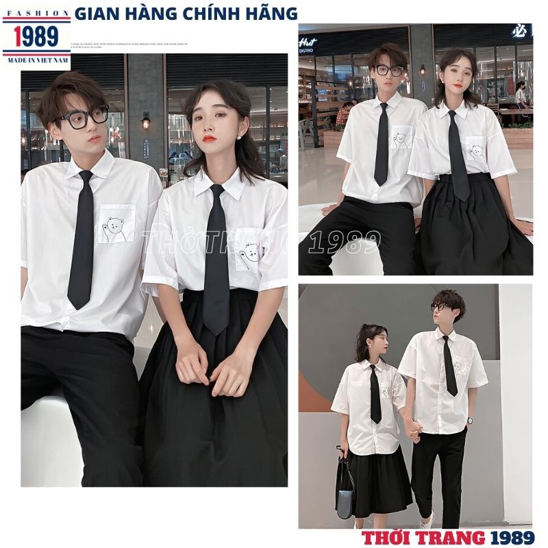 Áo sơ mi trắng cộc tay thêu hình gấu tặng kèm cà vạt -kiểu dáng hàn quốc ulzzang ,áo sơ mi nữ , áo sơ mi unisex , áo sơ mi hàn quốc, áo sơ mi học sinh -thời trang 1989