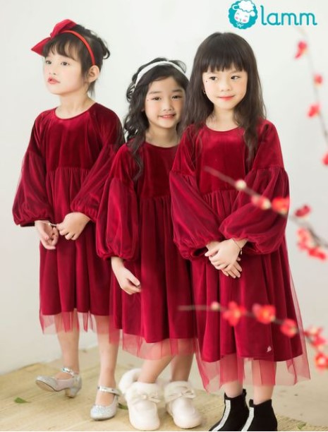 Lamm - Váy bé gái nhung the đỏ phối voan
