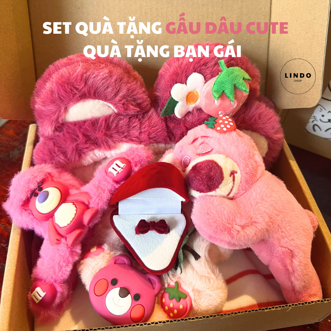 Lindo set quà tặng gấu dâu cute, quà tặng bạn gái các dịp đặc biệt 20/10, 8/3, sinh nhật, kỷ niệm, phụ kiện gấu dâu