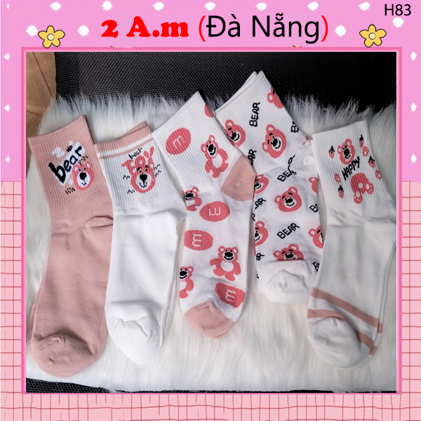 Tất vớ nữ in hình gấu dâu dễ thương, tất vớ cotton in hình gấu dâu