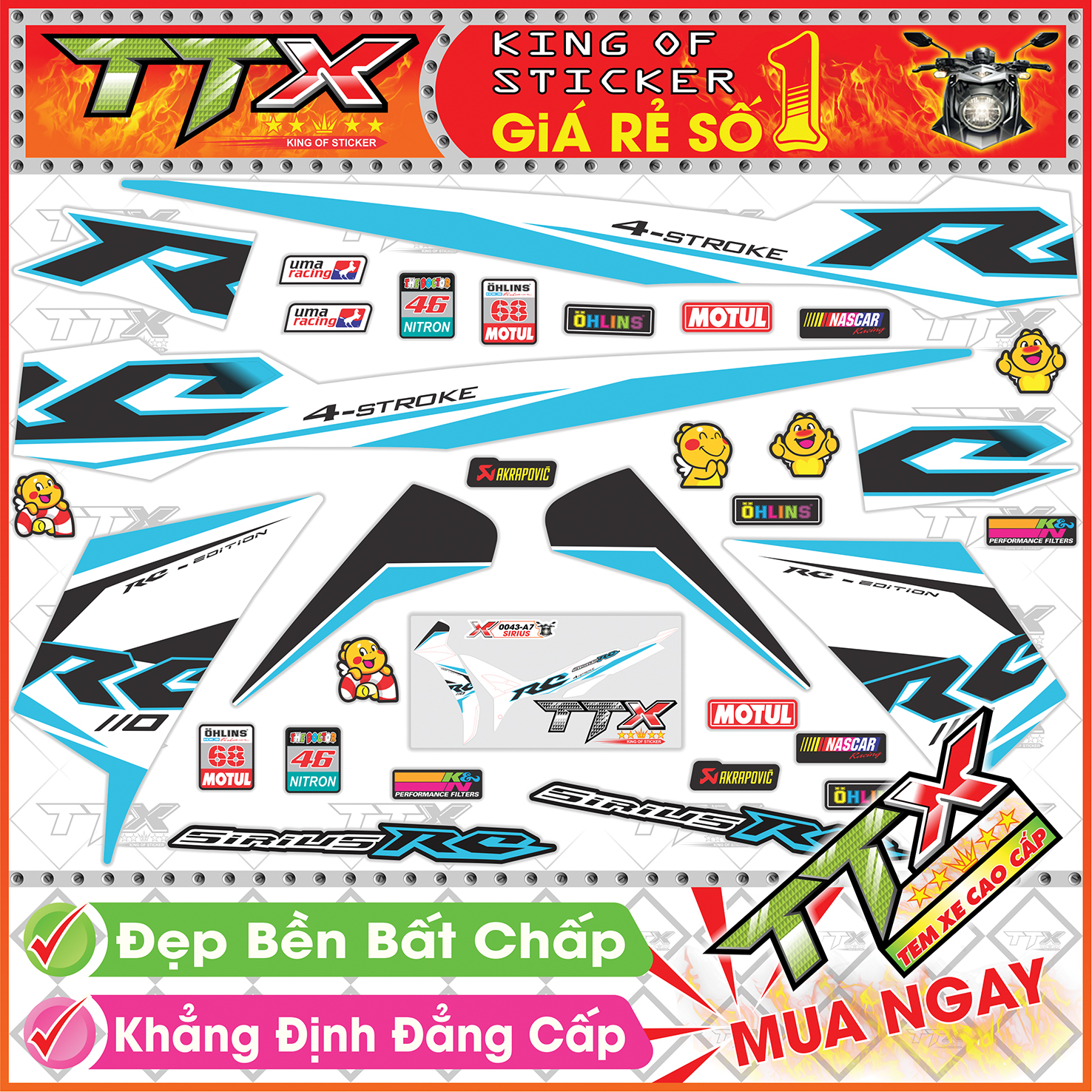 Tem Xe Sirius 110 RC Trắng Xanh Đen - Tem Sirius RC Đen Xanh Trắng Siêu Đẹp - Mẫu Team Sirius Trắng Xanh Đen