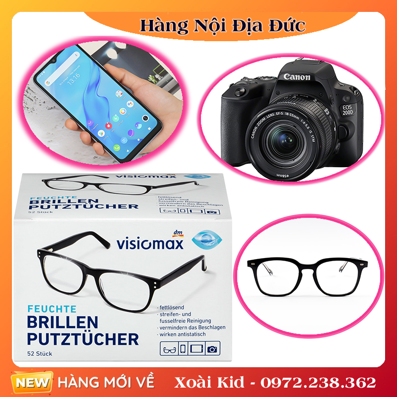 Giấy lau kính mắt cận, lens máy ảnh Visiomax 52 miếng, miếng lau kính, màn hình điện thoại, laptop, chuẩn Đức