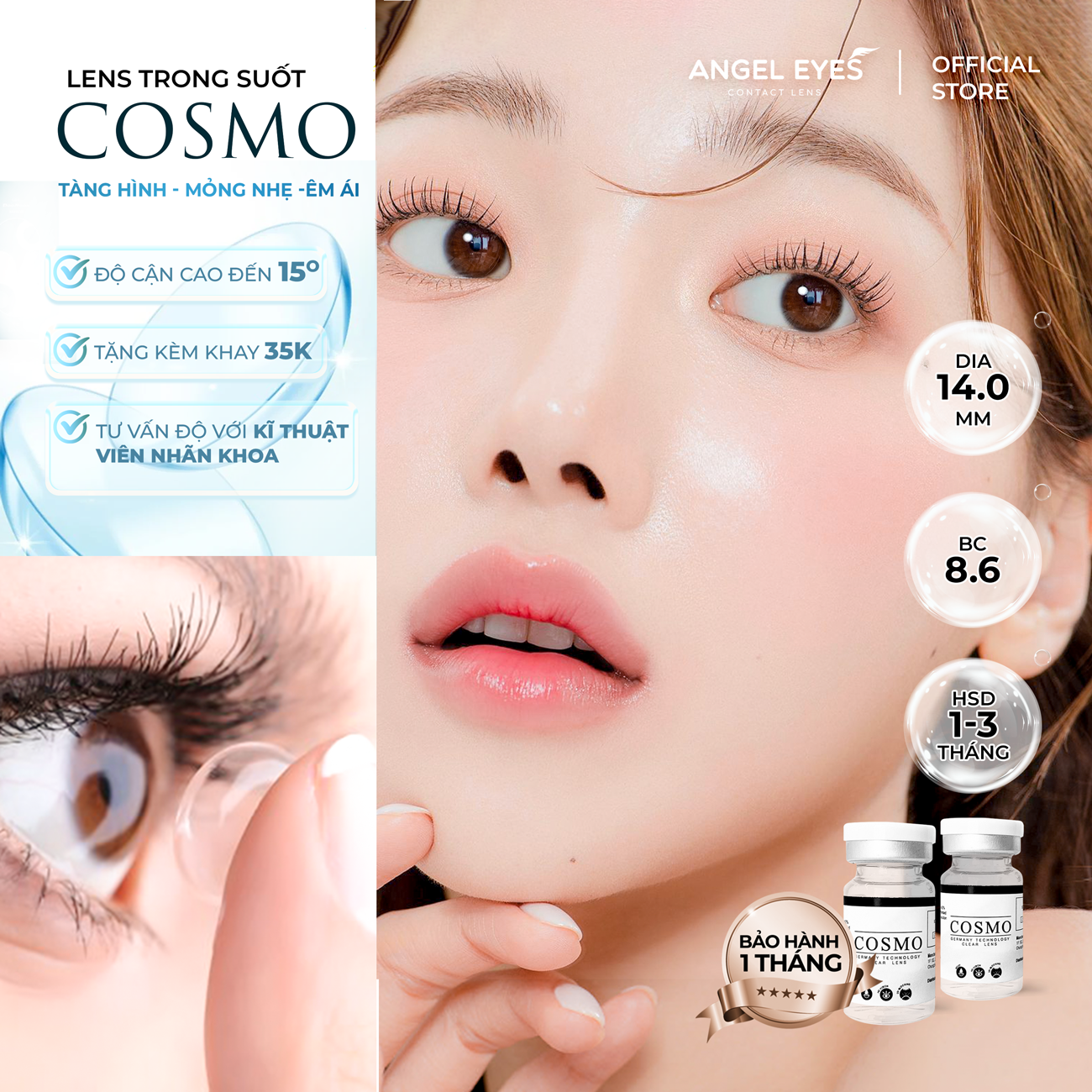 Lens cận trong suốt Angel Eyes cho mắt nhạy cảm có độ cận từ 0 đến 15 độ (Lens cận trong suốt | Kính áp tròng trong suốt cận | Kính áp tròng không màu cận | Lens cận không màu)