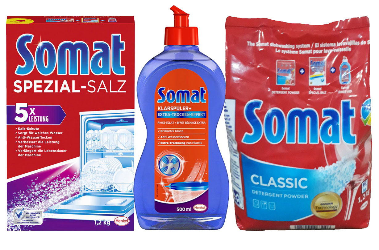 Combo Bột Rửa Bát Somat 1,2kg + Muối rửa bát 1,2kg + Nước làm bóng Somat 750ml + Tặng que thử nước cứng