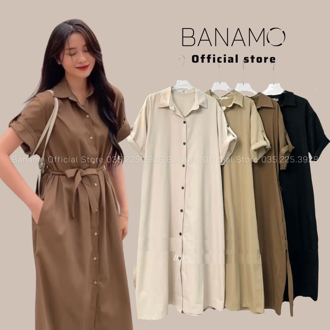 Đầm nữ Banamo Fashion váy sơ mi cổ đức dáng dài gập tay phối dây 597