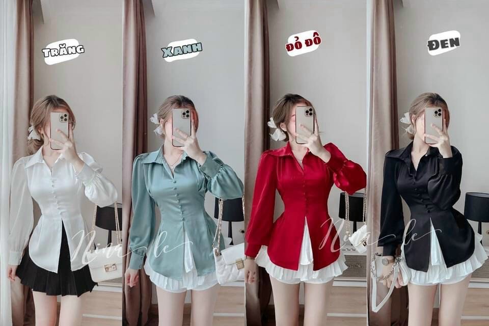 Áo sơ mi kiểu tiểu thư tay dài cách điệu, Chất lụa satin cực đẹp