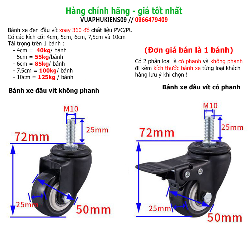 Bánh xe đen đầu vít chịu lực đủ kích thước giá bán 1 bánh