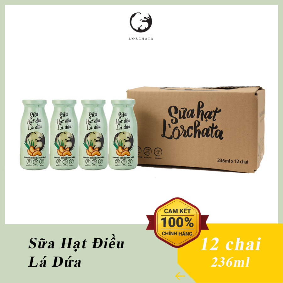 Hộp 12 chai sữa hạt l'orchata vị hạt điều lá dứa, ít đường, không chất bảo quản, tốt cho tim mạch, tăng đề kháng