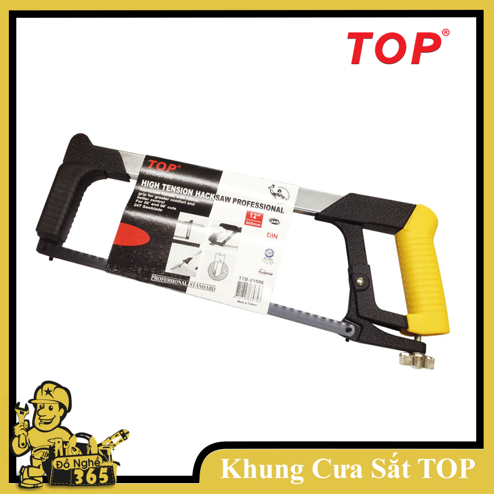 Khung cưa sắt 12" đen vàng Top , Khung cưa sắt là dụng cụ hỗ trợ cho người dùng lắp lưỡi cưa sắt vào thao tác dễ dàng và an toàn có thể điều chỉnh 2 kiểu cưa: nghiêng 55 độ và thẳng 90 độ