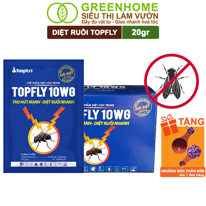 Thuốc diệt ruồi greenhome, topfly 10wg, gói 20gr, thu hút mạnh, diệt ruồi nhanh, hiệu quả, an toàn, tiết kiệm