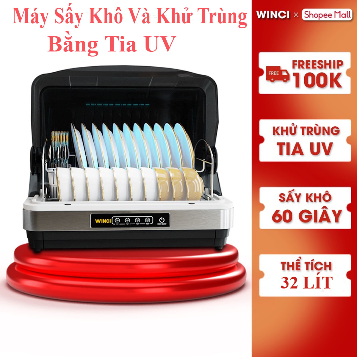 Tủ đựng bát đĩa khử trùng tia UV sấy khô diệt khuẩn có nắp đậy - Máy sấy bát đĩa khử khuẩn - Kệ đựng chén bát 2 tầng JH-8808