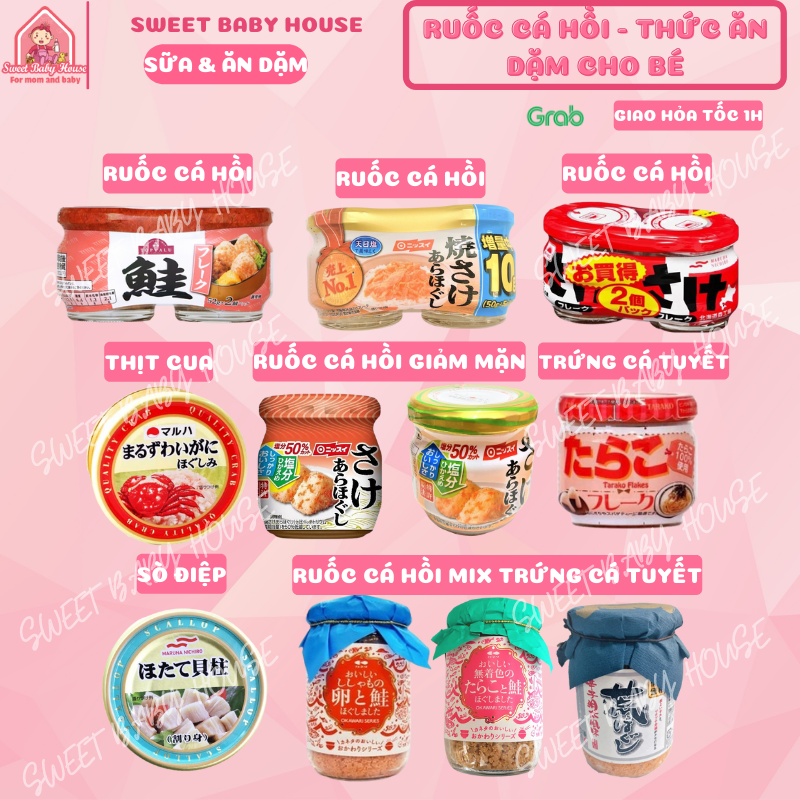 Ruốc cá hồi, ruốc gà, trứng cá tuyết Nhật cho bé ăn dặm từ 1 tuổi. Date 6/2025 - Sweet Baby House