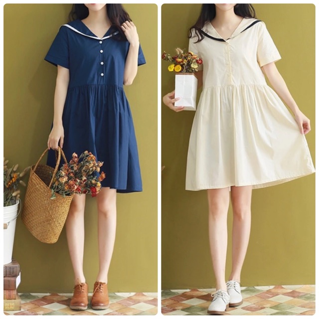 Đầm Babydoll Thuỷ Thủ Nút Viền Vải KT Fashion, Kiểu Đầm Maxi, Đầm Babydoll, Chất Liệu Cotton Thô