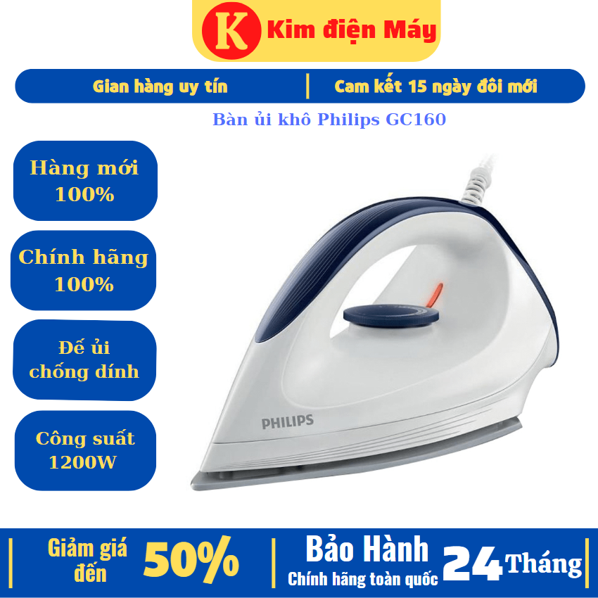 Bàn ủi khô Philips GC160-bàn ủi chống dính công suất 1200W tiết kiệm điện mặt ủi phủ nem chống cháy-bảo hành 24 tháng toàn quốc