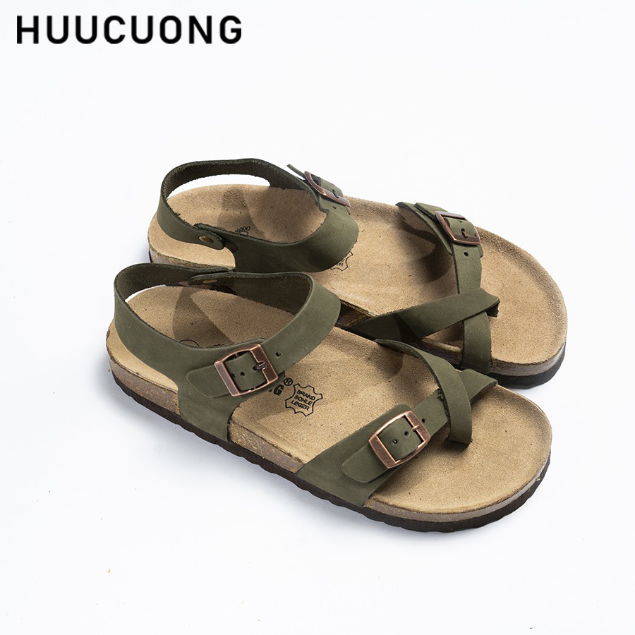 Sandal Unisex HuuCuong xỏ ngón Da Bò rêu đế trấu handmade