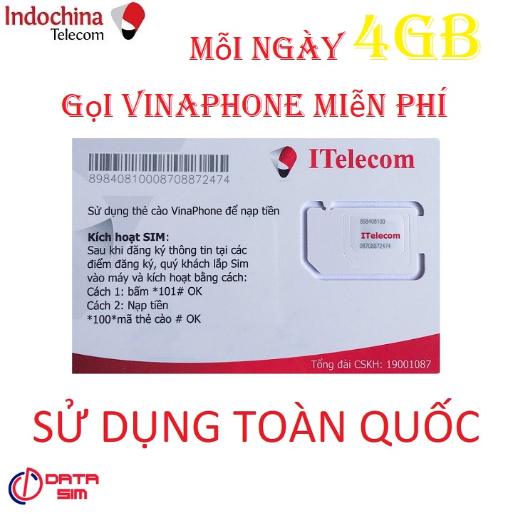 FREESHIP - CHƯA KÍCH HOẠT. Sim 4G 120GB itelecom gọi vinaphone miễn phí tặng kèm que lấy sim
