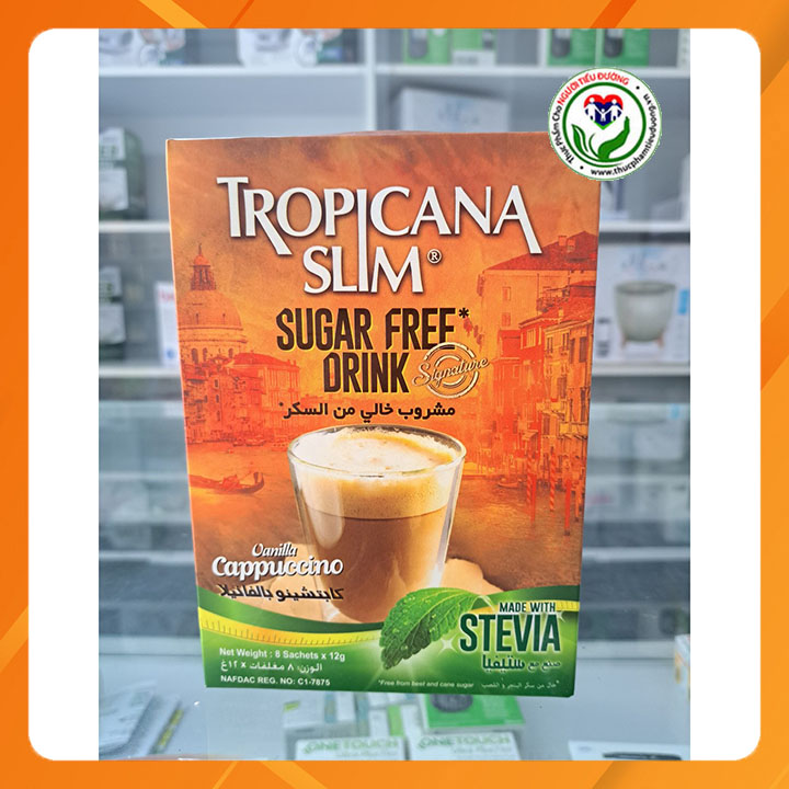 Cà phê ăn kiêng không đường chiết xuất từ lá cỏ ngọt Tropicana Slim Capuccino 96g