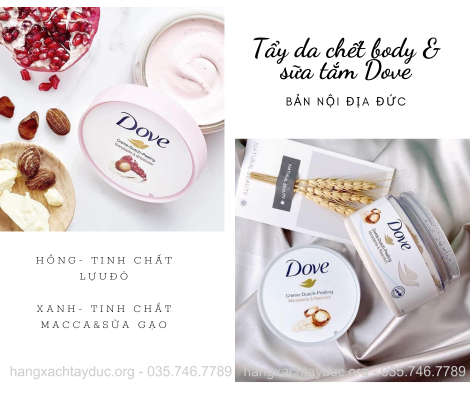 [Quà tặng kèm_ Hàng chính hãng]Tẩy tế bào chết Dove Đức - Tẩy da chết toàn thân kết hợp sữa tắm, dưỡng ẩm, làm trắng da, 225 ml, mùi thơm dịu ngọt-Hàng xách tay Đức.org