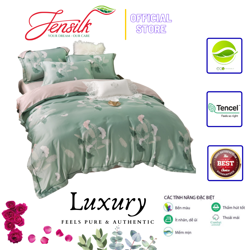 [Tencel 100s] Bộ chăn ga gối LUXURY DESIGN 528 lụa Tencel 100S in họa tiết Hoa lá cách điệu trẻ trung, mềm mịn