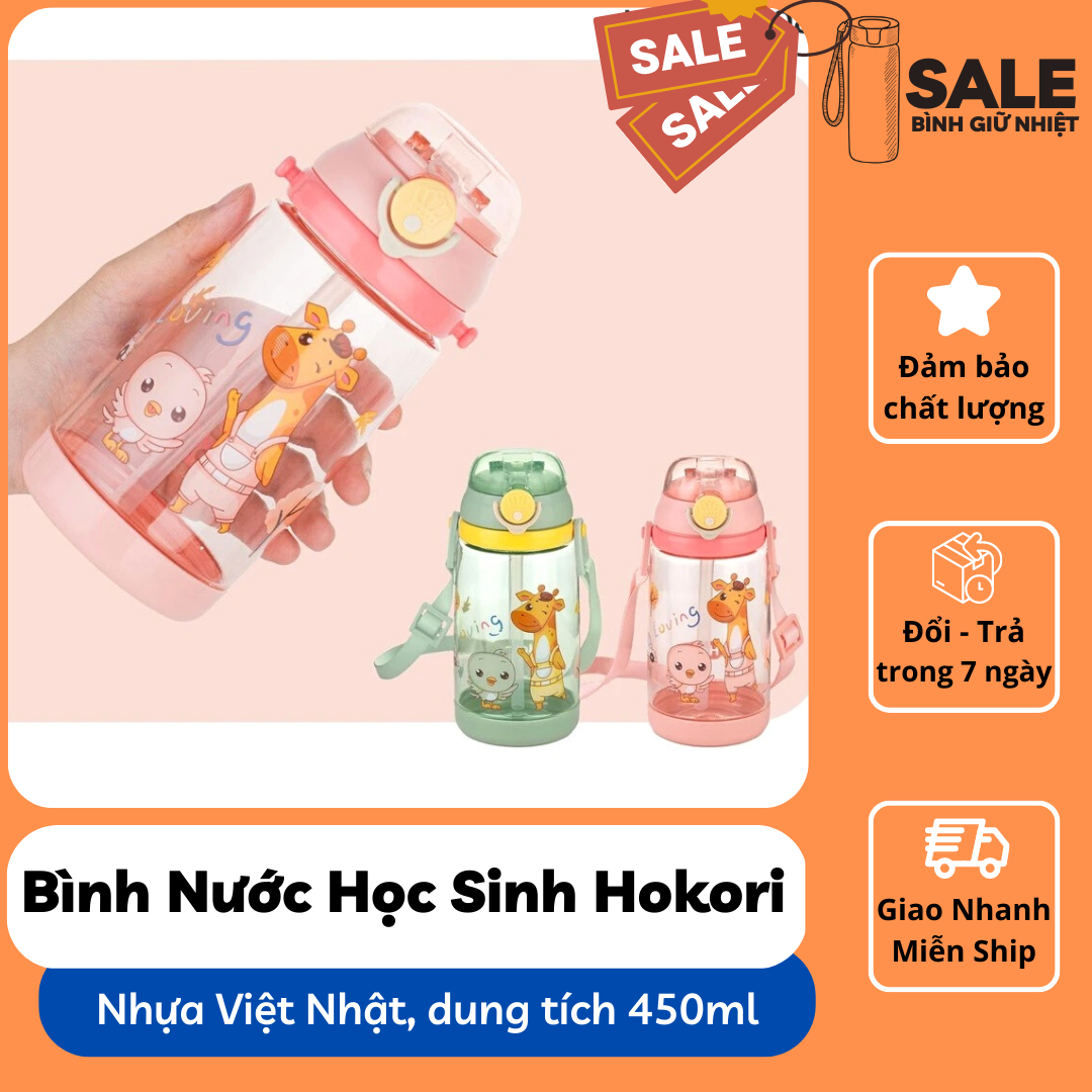 Bình đựng nước học sinh Hokori 450ml, có ống hút và dây đeo