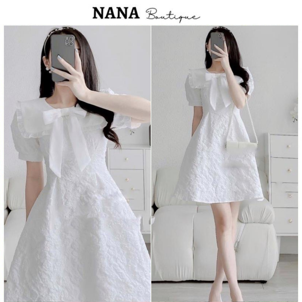 Váy xốp hoa cổ bèo nơ tiểu thư váy xinh phối nơ voan tiểu thư xinh xắn