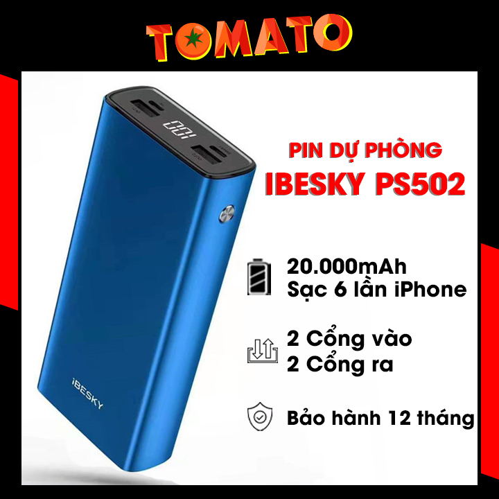 Pin sạc dự phòng ibesky ps502 20000mah sạc 6 lần iphone đèn led hiển thị pin 2 cổng usb - bảo hành 12 tháng đổi mới
