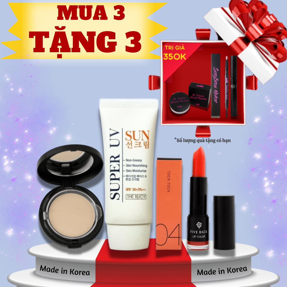[GIÁ SỐC CHƯA TƯNG CÓ] MUA 3 TẶNG 3 - Set trang điểm Hàn Quốc Kem chống nắng The Rucy + Phấn phủ CF + Son lì Lip Color #4 cam tặng Mascara + Phấn phủ bột + Chì kẻ mày #1