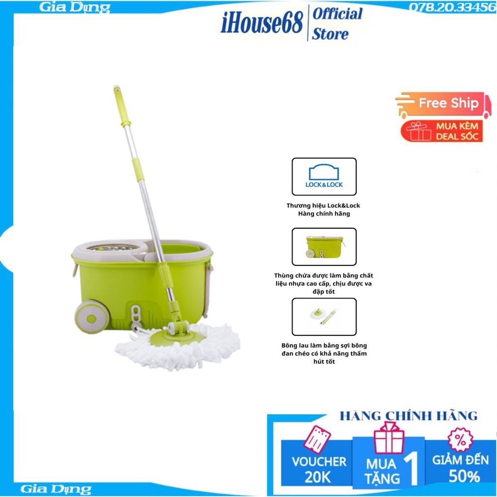 MOP-Q2-1 - Bộ Cây Lau Nhà Xoay Tay 360 Độ Lock & Lock (Xanh dương), 2 bông lau màu trắng + 1 bông lau màu tím - SPCH