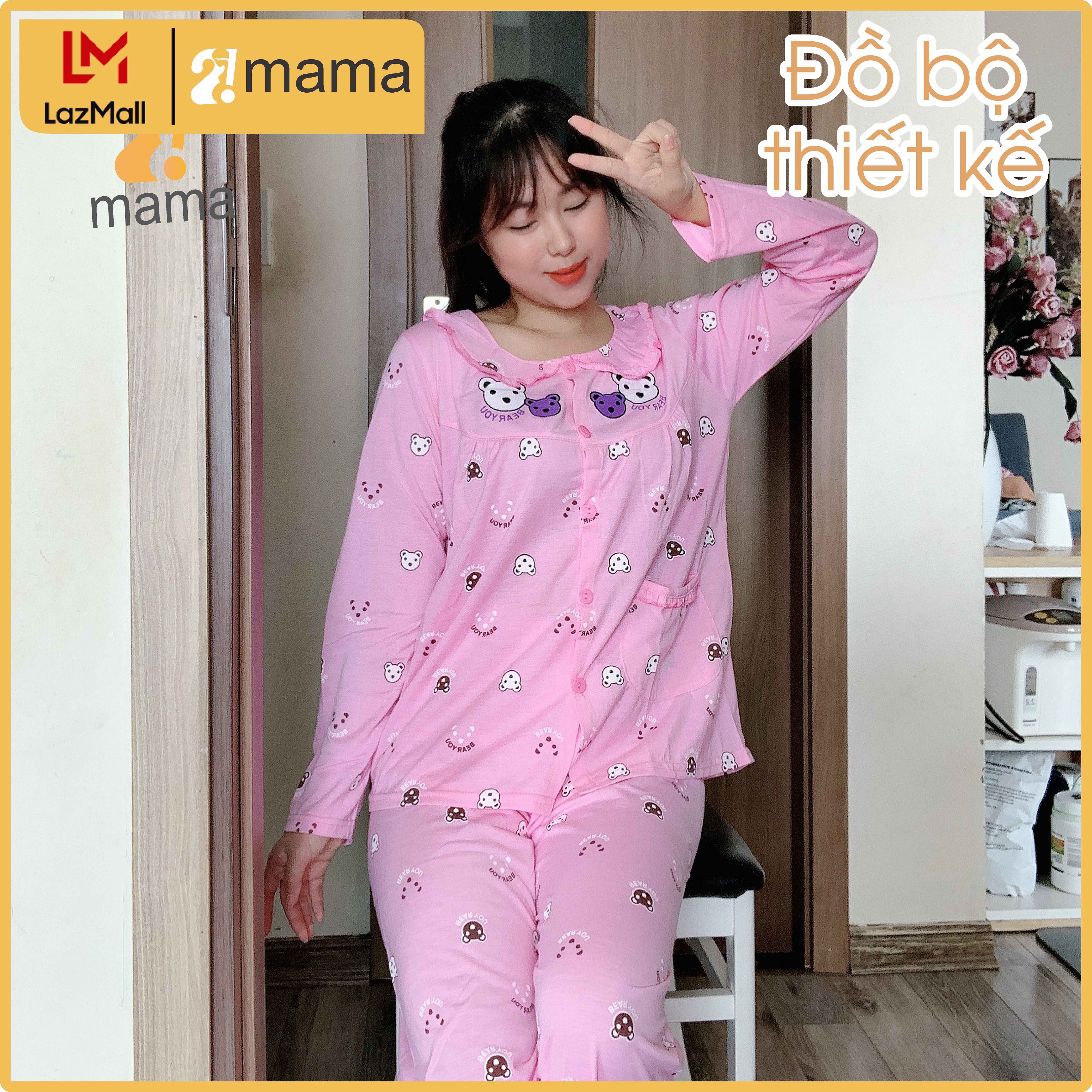 Đồ bộ bầu và sau sinh dài tay Gấu nhỏ cuc ngực mặc nhà và cho con bú pijaza chất mát V60