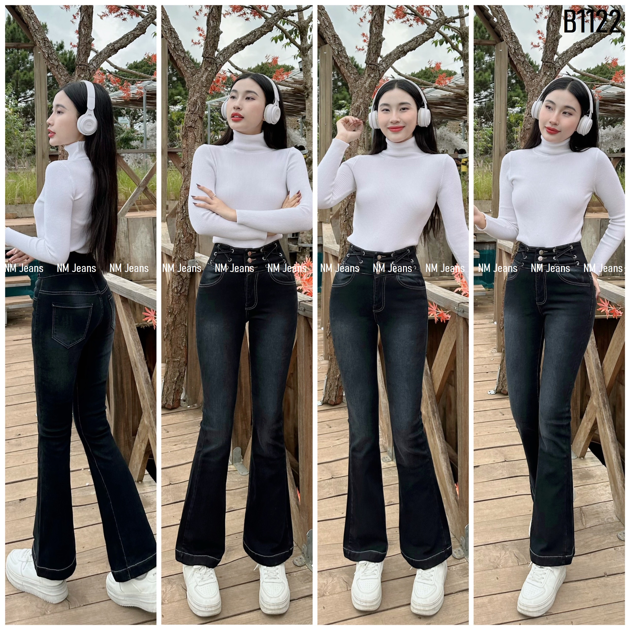 Quần jean nữ ống loe lưng cao đan dây 3 nút màu xám đen