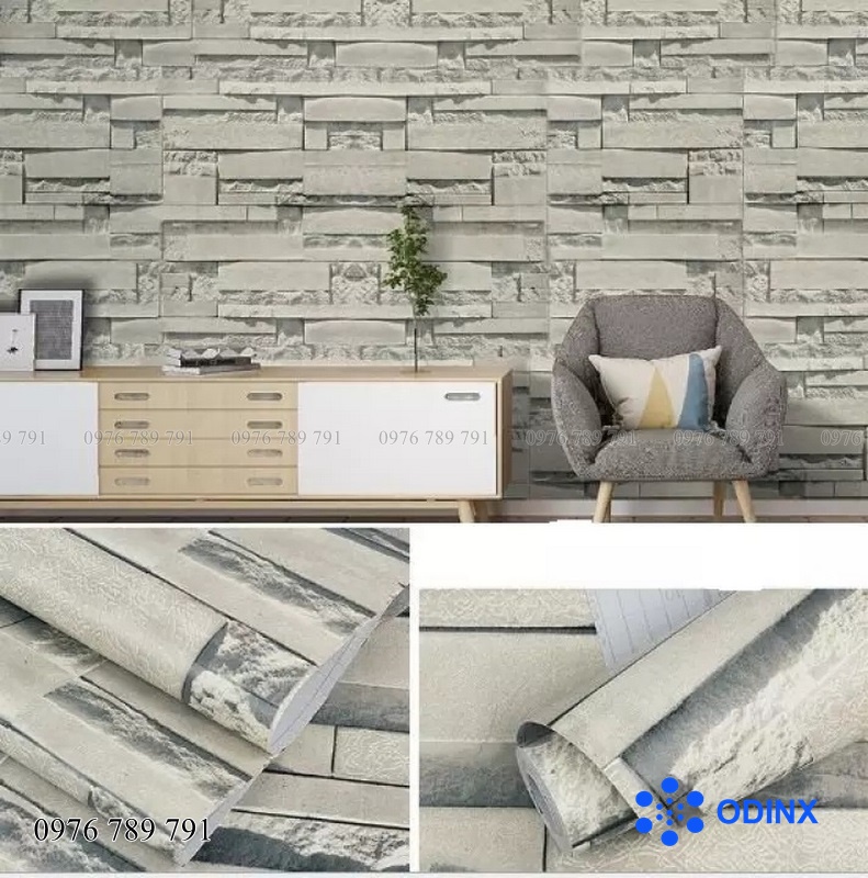 Combo 10M decal giấy dán tường Giả Đá Xám 3D có sẵn keo