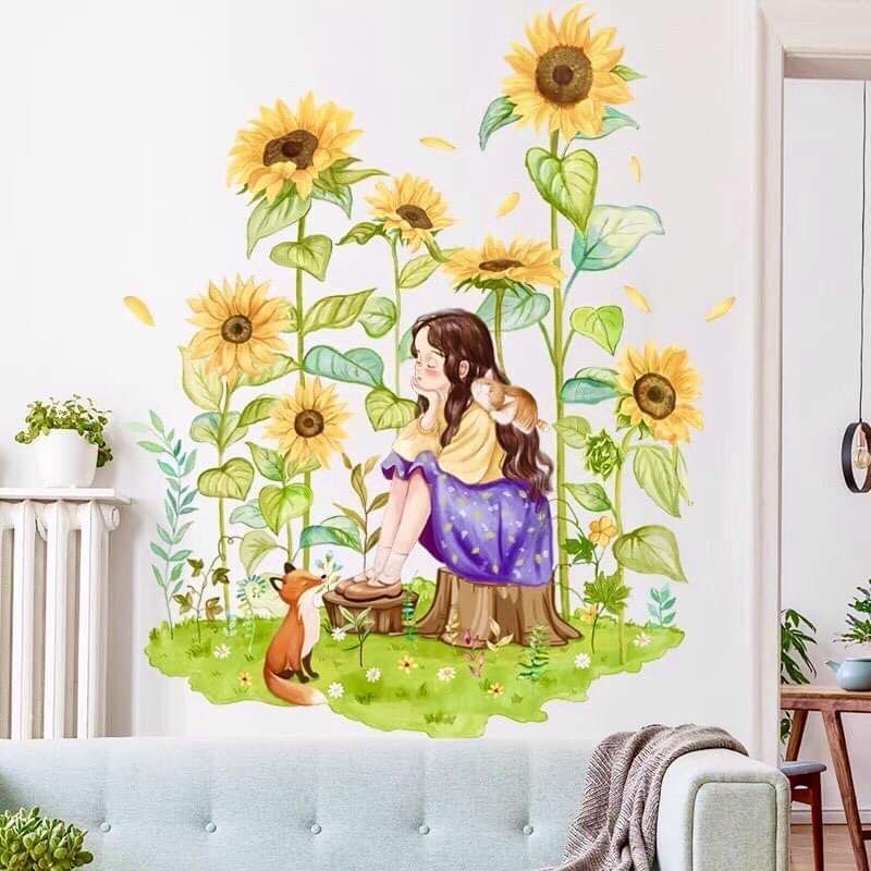 Decal dán tường cô gái và hoa hướng dương