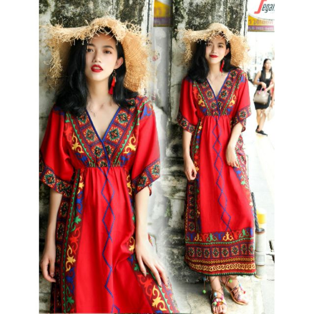 Sale 550k  370k đầm váy maxi thêu thổ cẩm vintage  màu đỏ  Shopee Việt  Nam