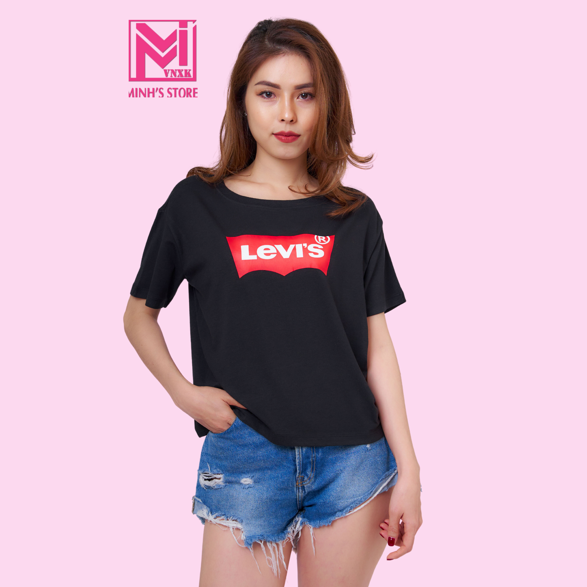 Áo phông nữ kiểu tay lỡ form rộng, áo thun nữ Levi's cổ tròn vải cotton cao cấp co giãn thoáng mát xuất xịn [LV-VNXK]