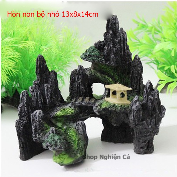 Mô hình hòn non bộ giả sơn ngôi chùa vàng trang trí bể cá