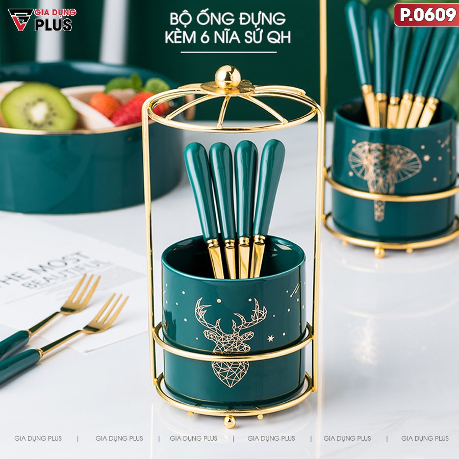Bộ Ống Đựng Nĩa, Muỗng Bằng Sứ + 6 Nĩa Inox 304 Màu Xanh Ngọc Lục Bảo Hoạ Tiết Ẩn Màu Vàng | Gia Dụng Plus