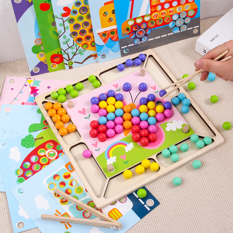 Đồ chơi giáo cụ Montessori - Gắp bi gỗ cho bé tập gắp, phân loại màu sắc, rèn luyện vận động tinh