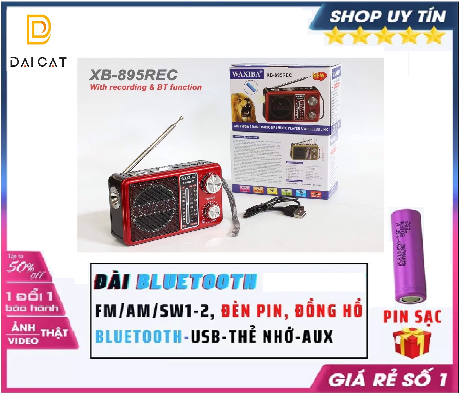 Đài radio mini nhập khẩu INDONESI, Máy nghe nhạc WAXIBA 895REC  nghe nhạc usb, thẻ nhớ tích hợp đèn pin