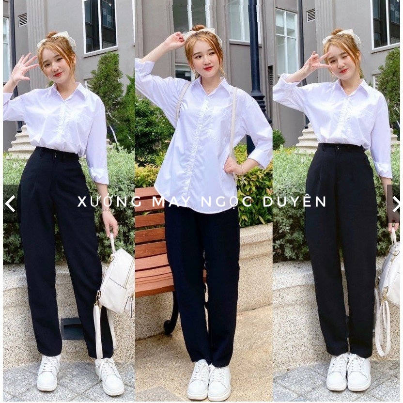 Quần tây baggy nữ đi học cạp lưng cao có đỉa - Vải màu đen dáng dài ống thẳng đứng cho học sinh - Phối sơ mi mặc đi học đi làm công sở xinh