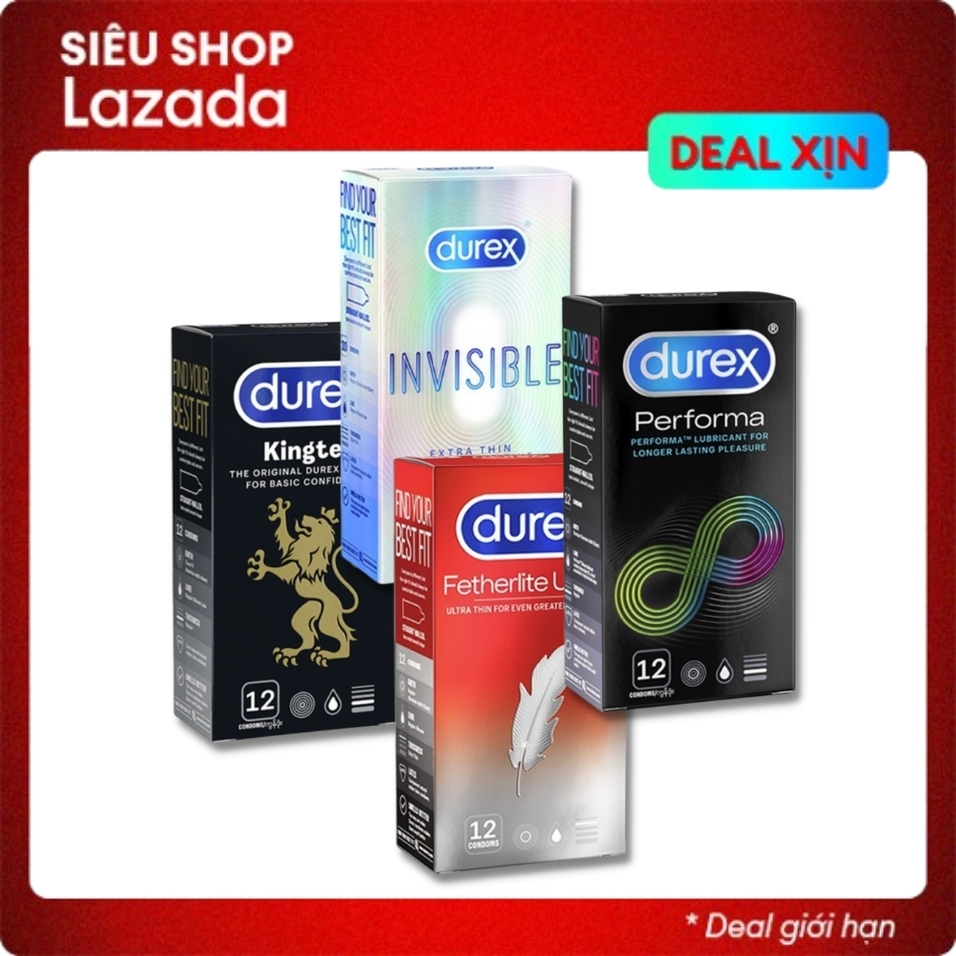 4 hộp) bao cao su durex invisible siêu mỏng + pleasuremax gân gai + kingtex size nhỏ + performa kéo dài