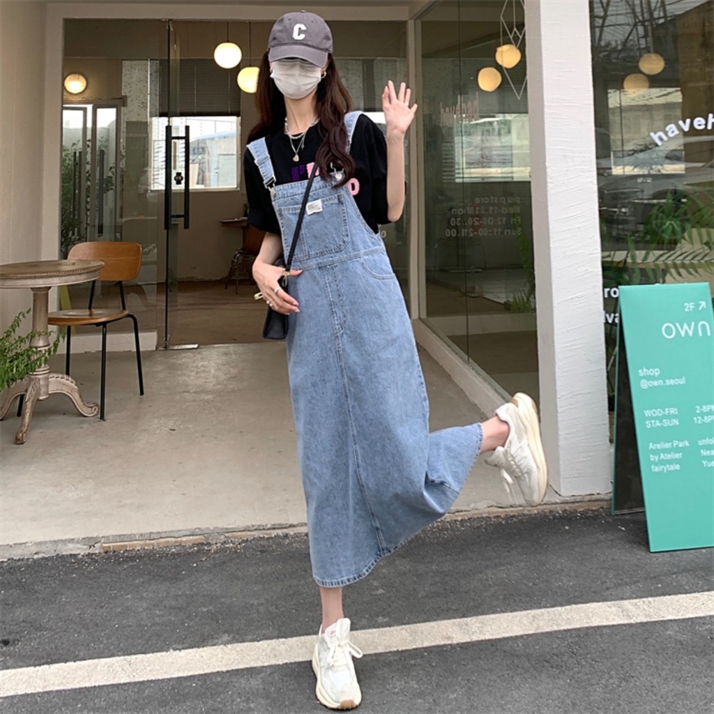 Yếm váy jeans dáng dài phong các hàn quốc y2