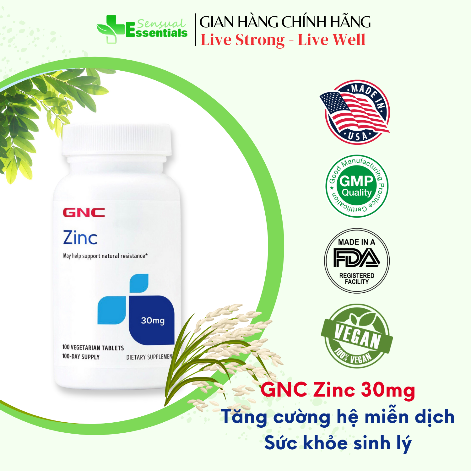 [CHÍNH HÃNG] Viên uống bổ sung kẽm GNC Zinc 30mg thuần chay