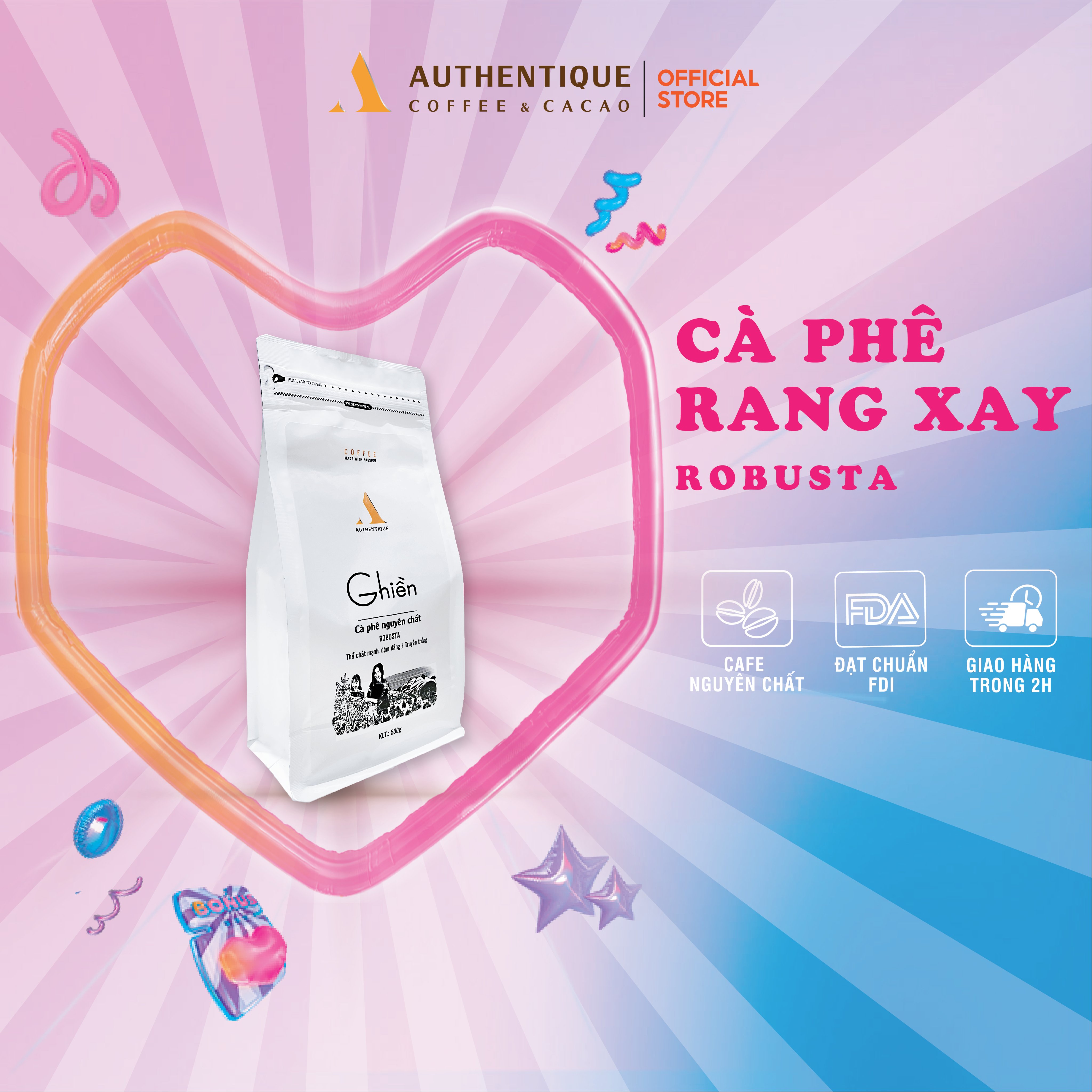 Cà phê Authentique rang xay nguyên chất 100% Robusta Ghiền Vị đậm truyền thống 500gr | CafeDeli