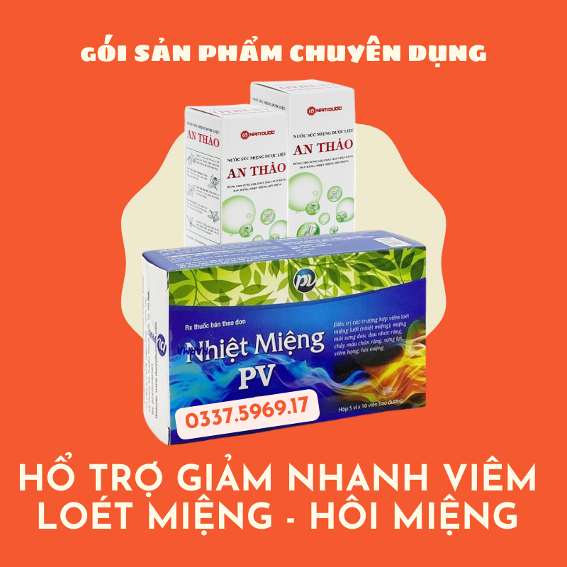 Viên uống nhiệt miệng pv và nước súc miệng an thảo - gói sản phẩm hổ trợ giảm nhanh viêm loét miệng - hôi miệng