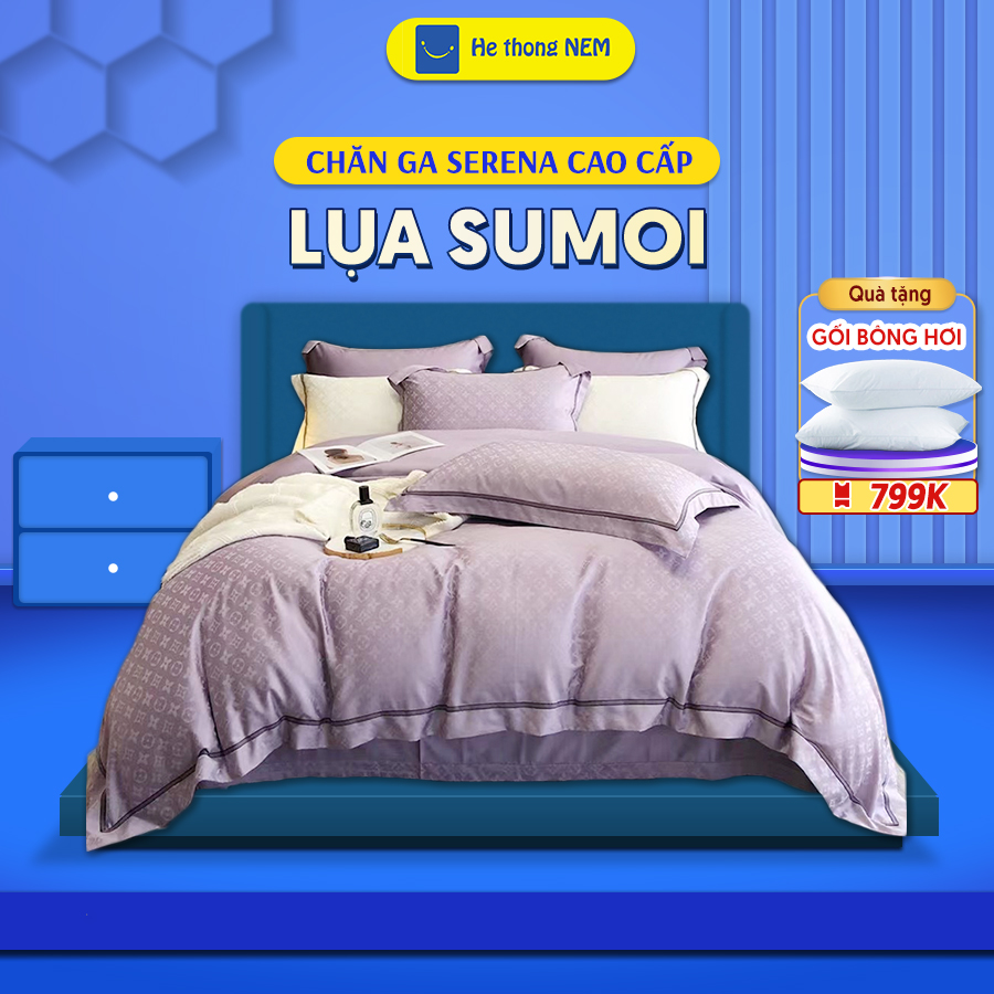 Bộ chăn ga gối đệm 5 món cao cấp Lụa Tencel Sumoi 40s siêu mát mịn, họa tiết chìm SERENA chính hãng