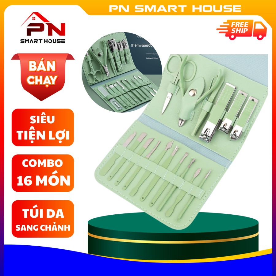Bộ bấm móng tay 16 món dụng cụ làm đẹp làm nail tại nhà có vỏ bọc bằng da, bộ làm móng tại nhà, bộ làm móng tay sơn gel, bộ làm móng tay giả