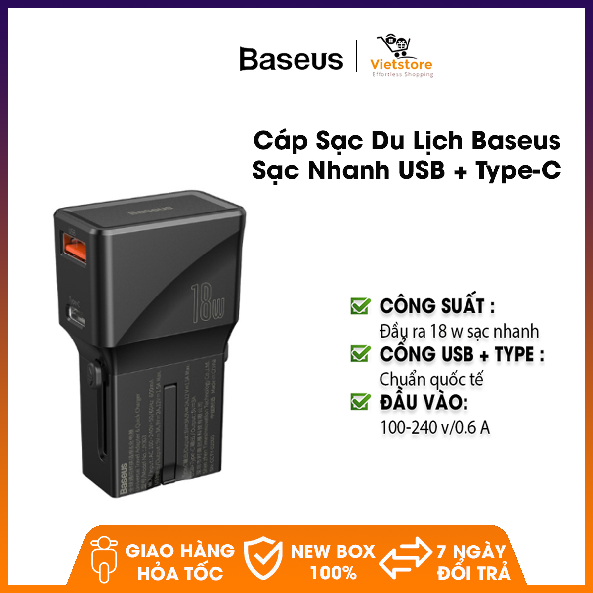 Củ sạc du lịch baseus youth edition universal conversion plug sạc nhanh 18w 1 cổng usb + 1 cổng type-c chân cắm chuẩn