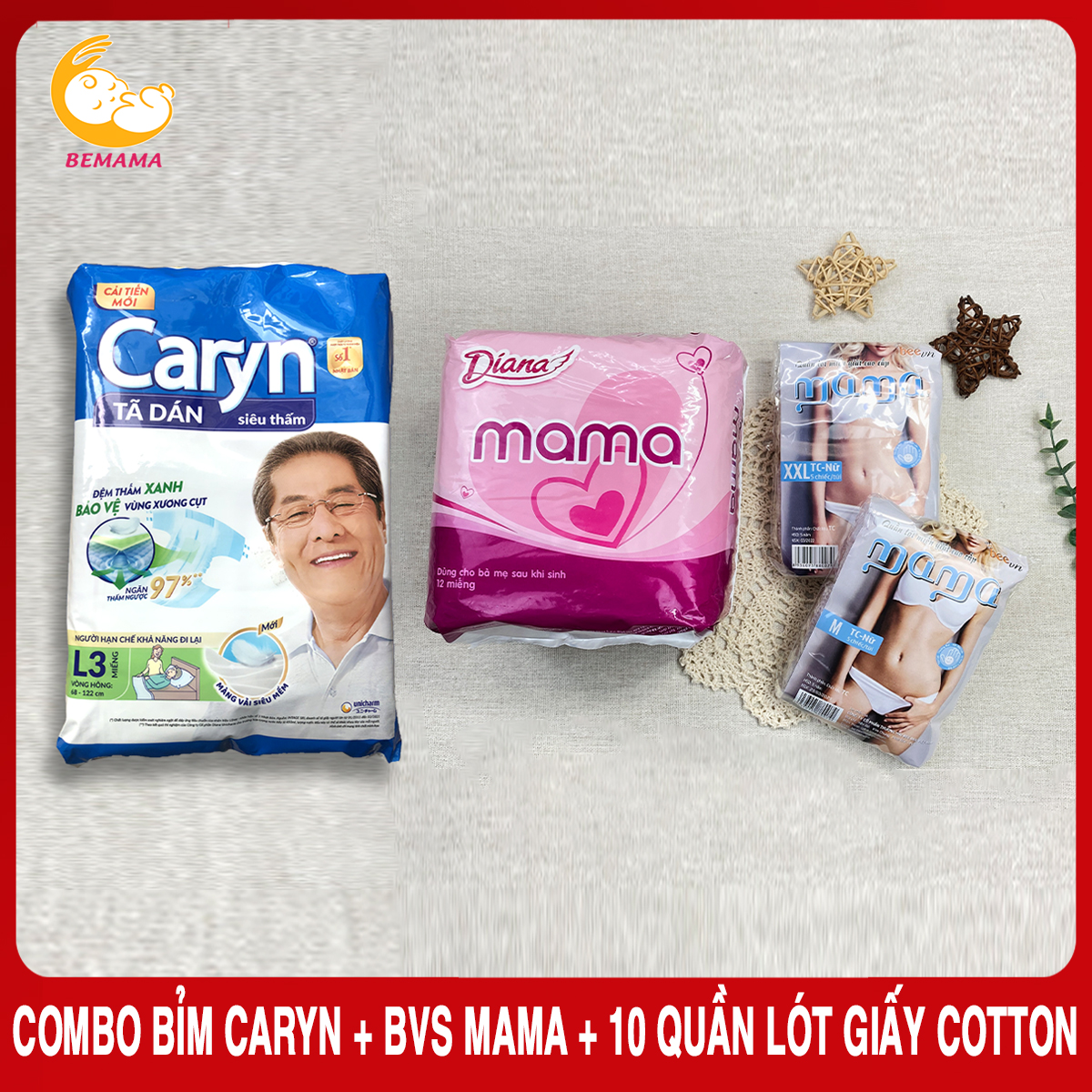 [SIÊU TIẾT KIỆM] Combo Đi Sinh Tiết Kiệm Cho Mẹ Siêu Tiện Lợi - Combo Bỉm Caryn - Băng Vệ Sinh Mama - Quần Lót Giấy Cotton Dùng 1 Lần Cho Mẹ Đi Sinh, Sau Sinh - Combo 1 Caryn Bich + 1 Mama + 2 Quan Lot Giay Cotton - Bemama