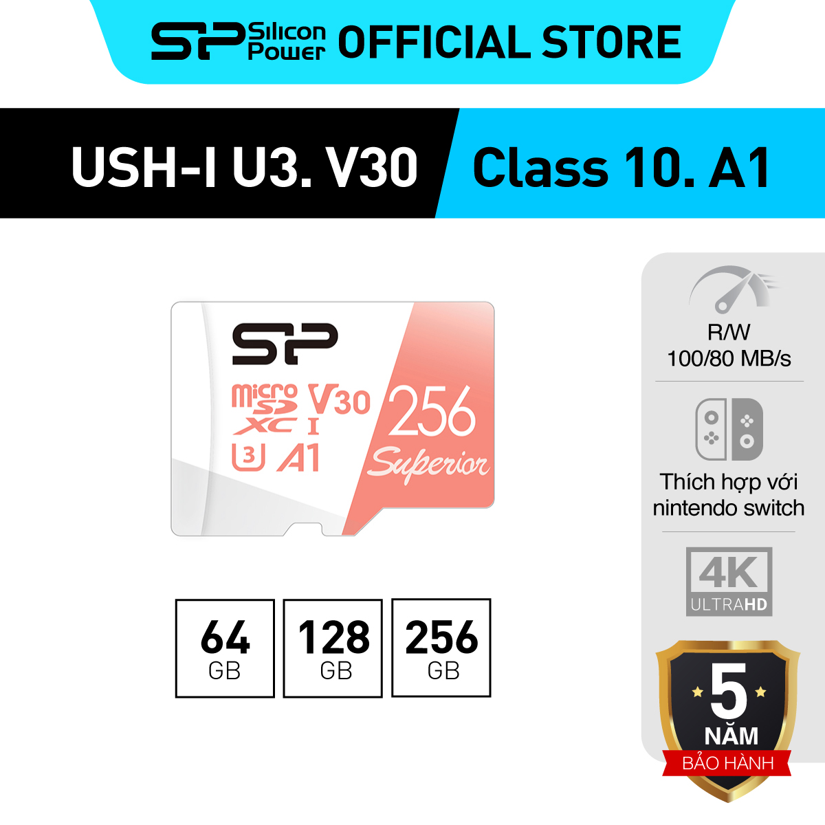 Thẻ nhớ micro sd silicon power tốc độ cao 100mbs 64gb/128gb/256gb micro sd uhs-i u3 class 10 | bh 5 năm